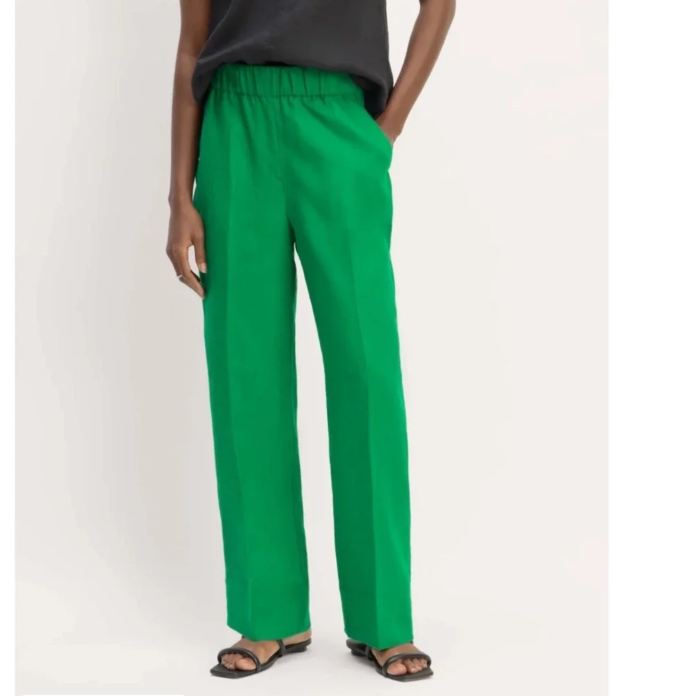 Everlane The Linen Easy Pant Green 100% European Flax Elastic Waist Small